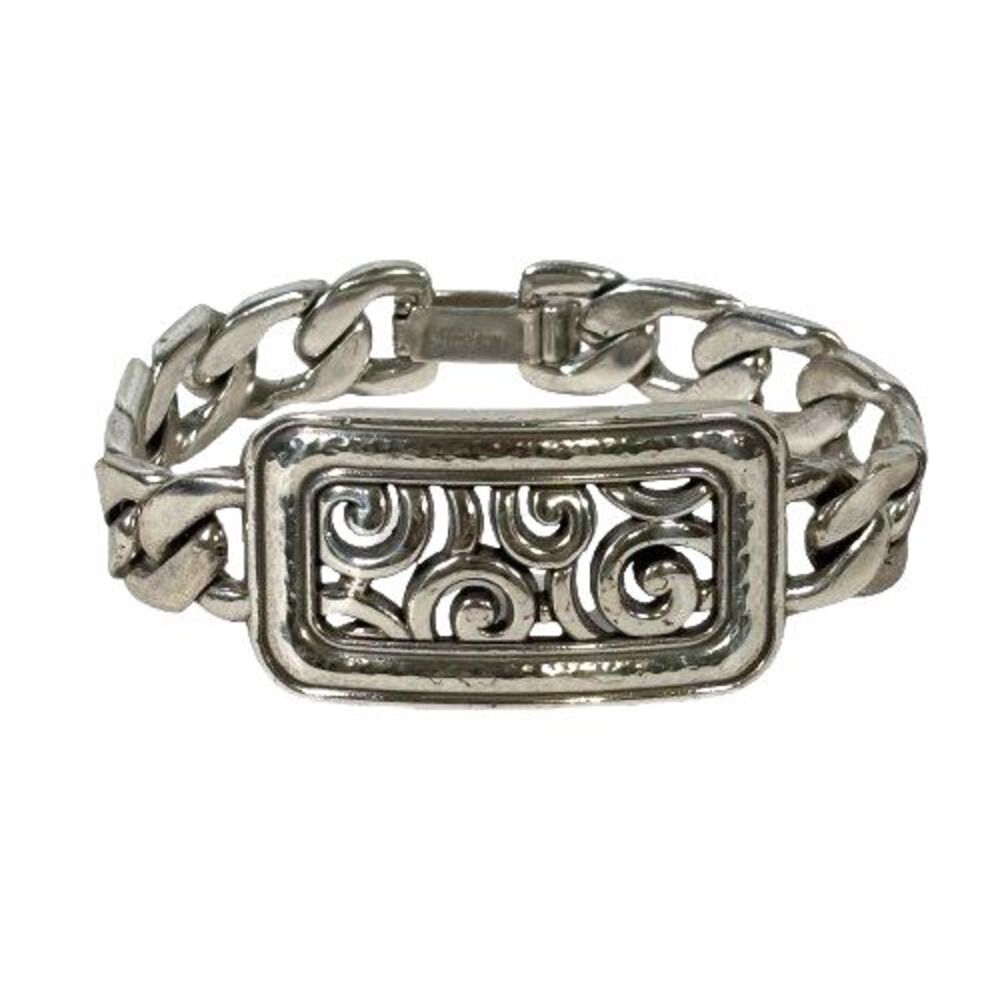 Brighton Chunky Rectangle Filagree Swirls Scrolls Silver Link Bracelet 7.25"